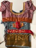 Blue, black& Red Combination Muslin Silk Saree w/ Stitched Blouse, Hip Belt